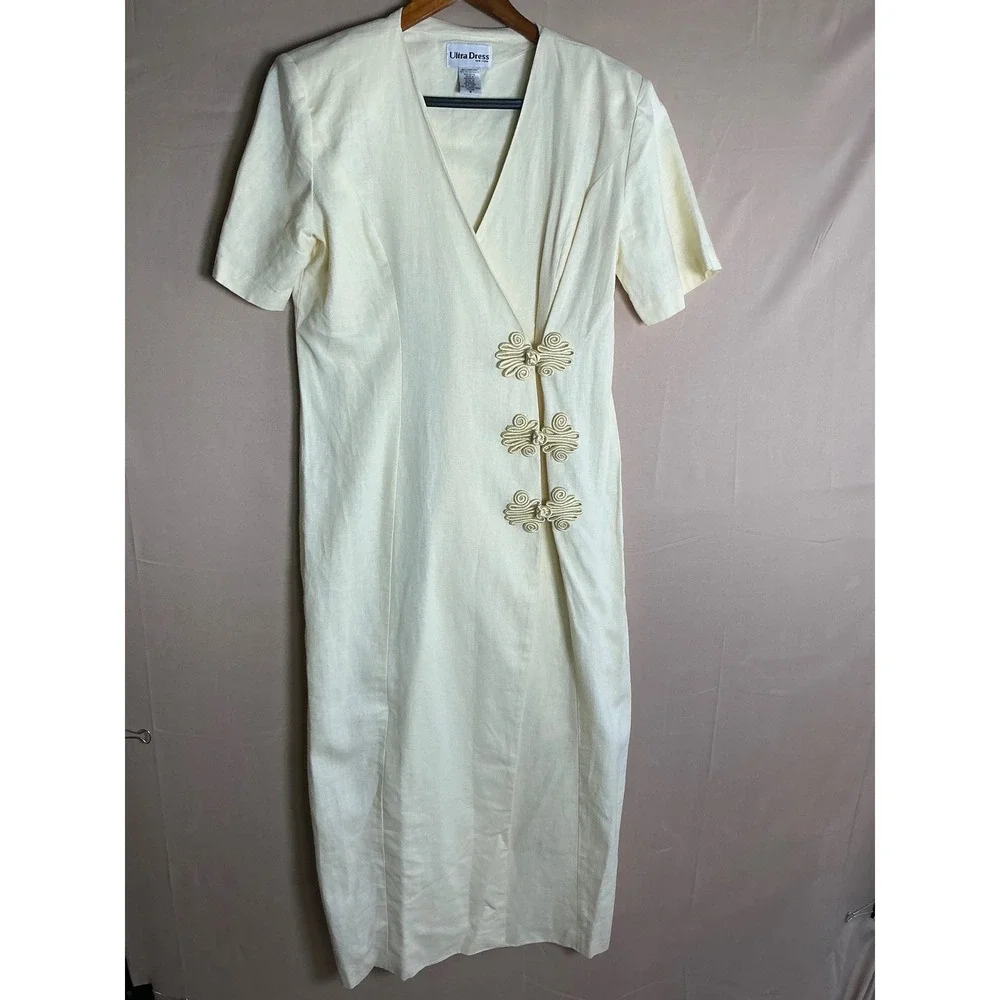 Ultra Dress New York Vintage Linen Blend Frog Closure Wrap Midi Dress Cream Sz 8 - Picture 2 of 10